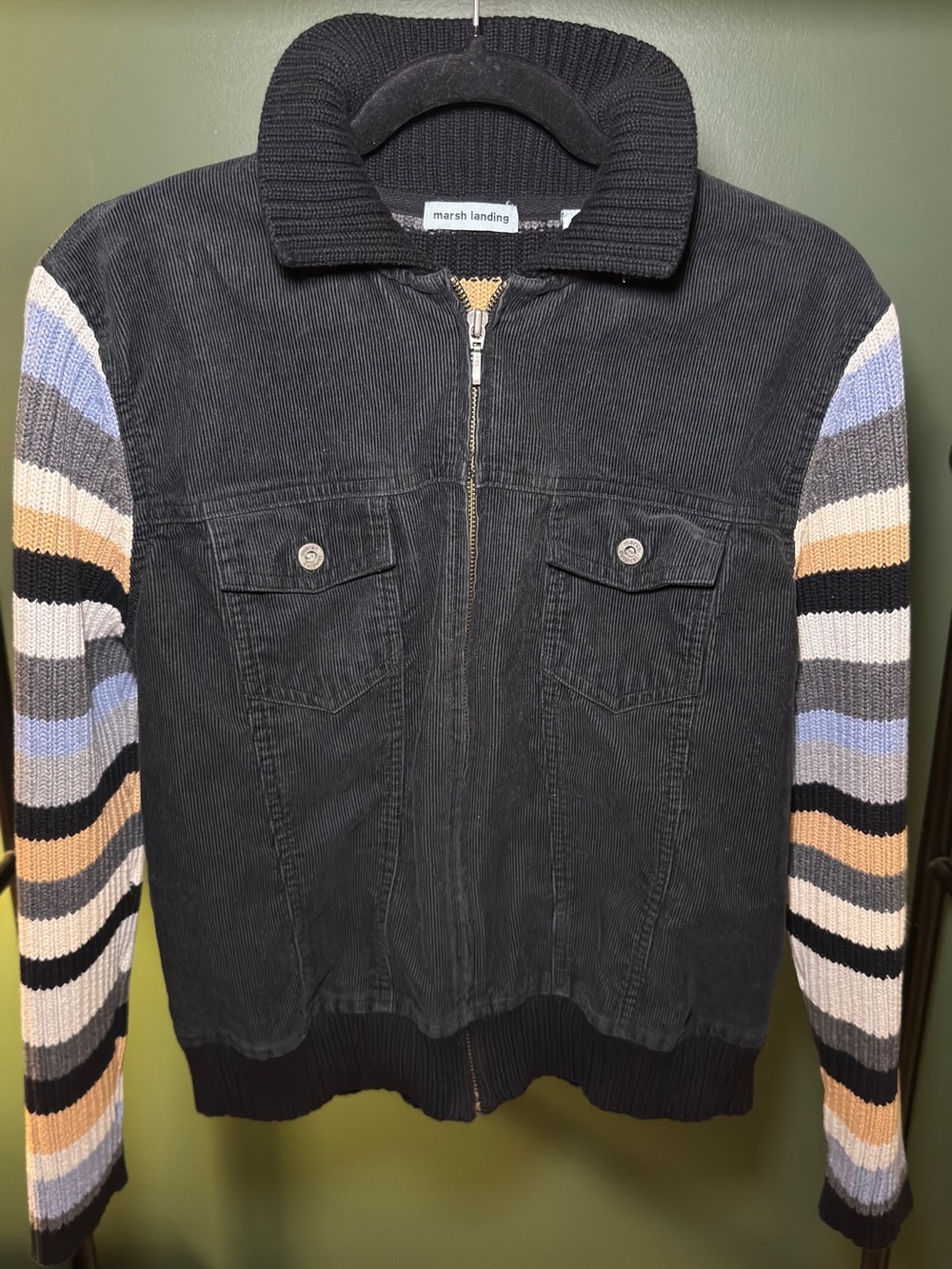 Marsh Landing Black Corduroy Bomber with Multicolor Striped Knit Sleeves